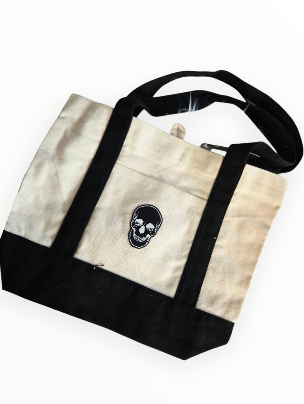 Spencers Black & Cream Canvas Tote Bag with Skull Patch